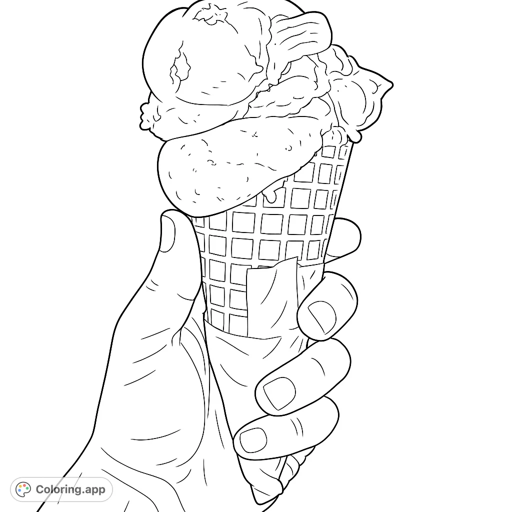 A delightful double scoop ice cream cone held by a hand, perfect for a sweet coloring experience. Features waffle cone texture and melting scoops.