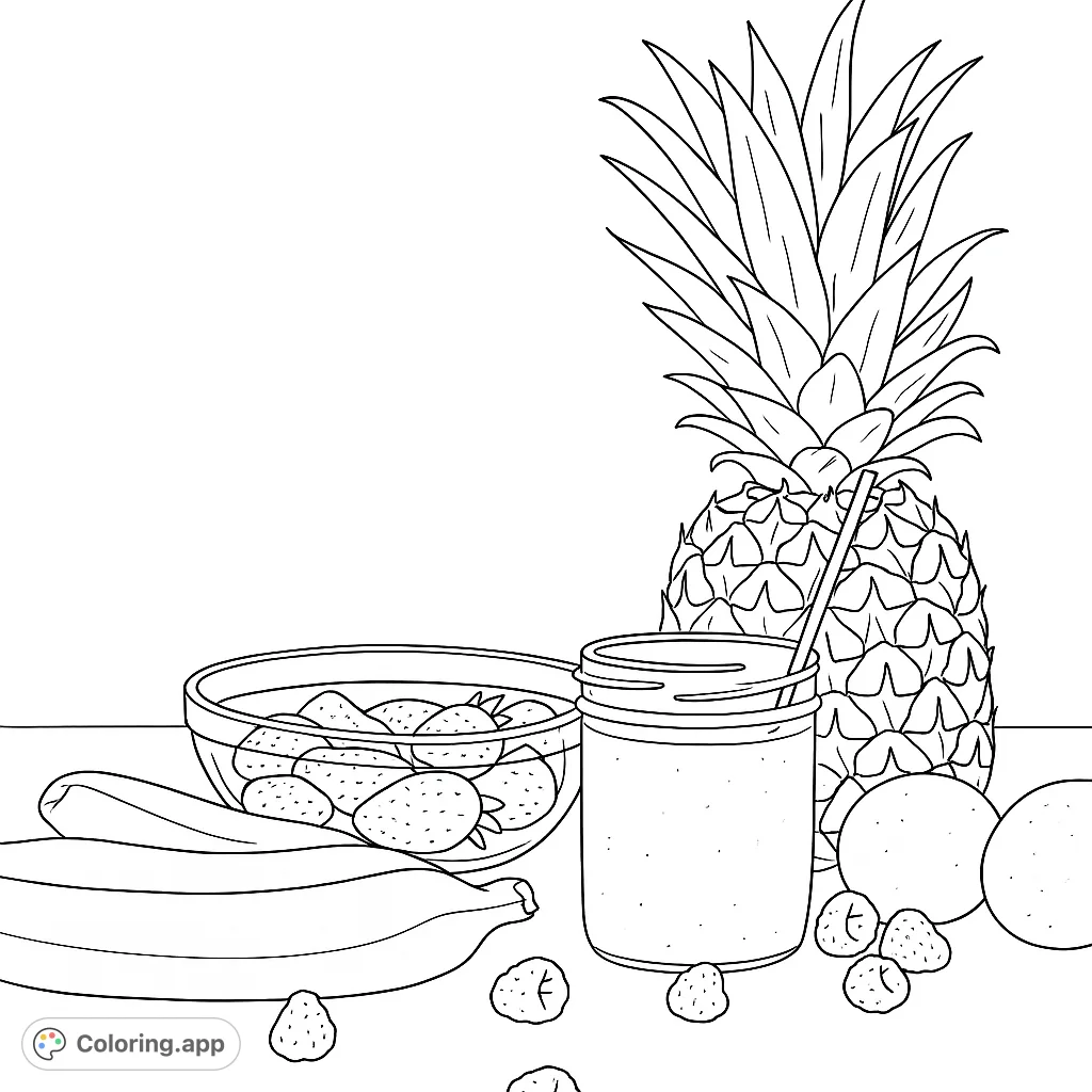 A delightful arrangement of fresh tropical fruits and a refreshing smoothie, perfect for a healthy lifestyle coloring page.