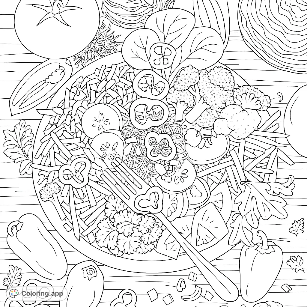 A bountiful bowl of fresh, chopped vegetables, perfect for a healthy meal. Explore diverse textures and shapes in this detailed food coloring page.