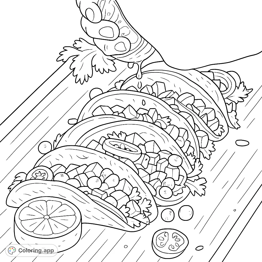 A delicious taco scene with a hand squeezing citrus over fresh ingredients. Perfect for foodies and culinary enthusiasts to color.