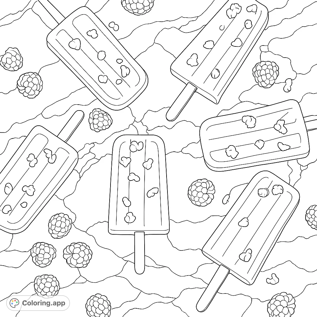 A delightful array of fruit popsicles and scattered berries on a patterned surface, perfect for a refreshing and sweet coloring experience.