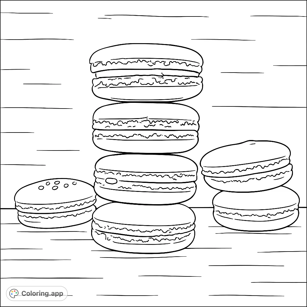 Indulge in a delightful macaron coloring page featuring a charming stack of delicate treats and scattered sweets. Perfect for dessert lovers!