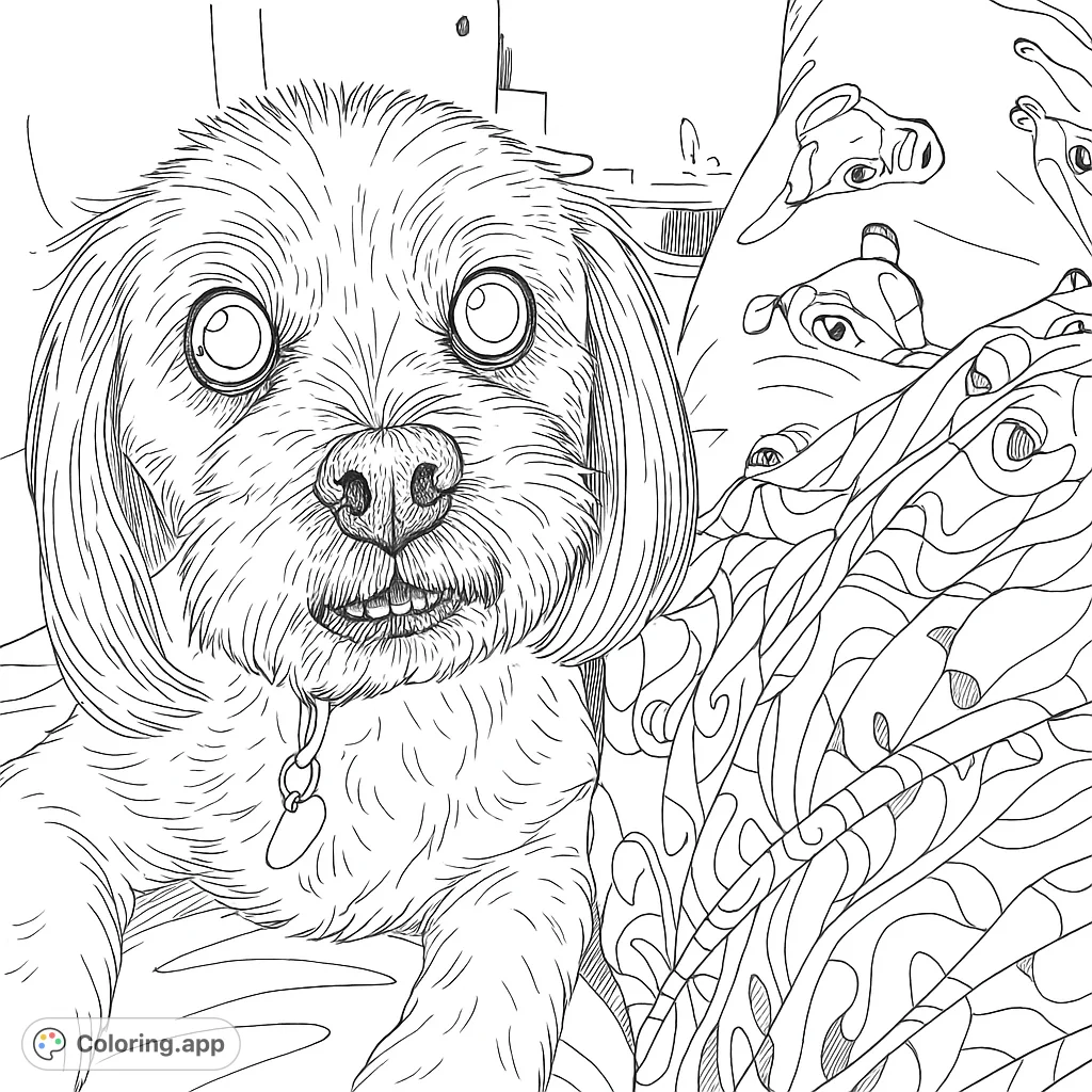 An adorable fluffy dog close-up, perfect for animal lovers. Features expressive eyes and a detailed snout, offering a delightful coloring experience.