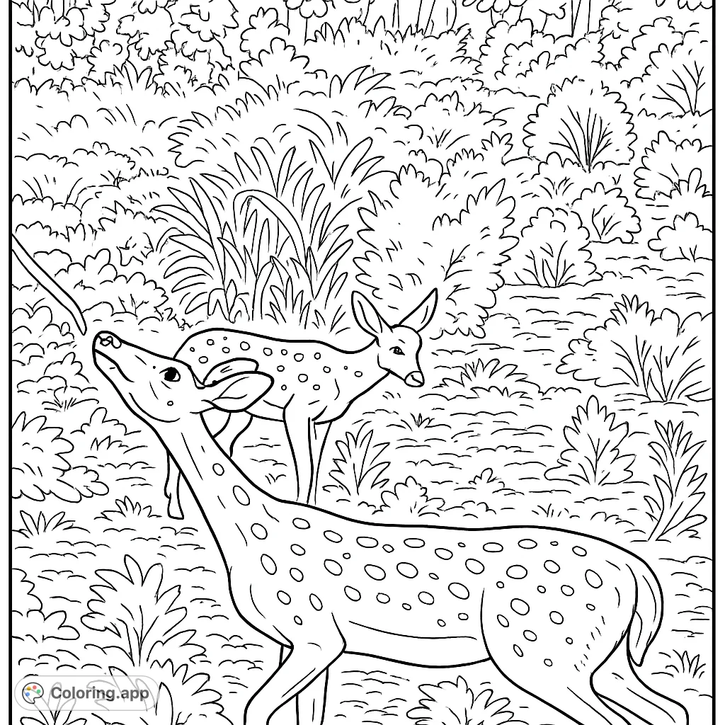 Discover two graceful, spotted deer amidst lush foliage. A charming nature scene perfect for animal lovers and a relaxing coloring experience.