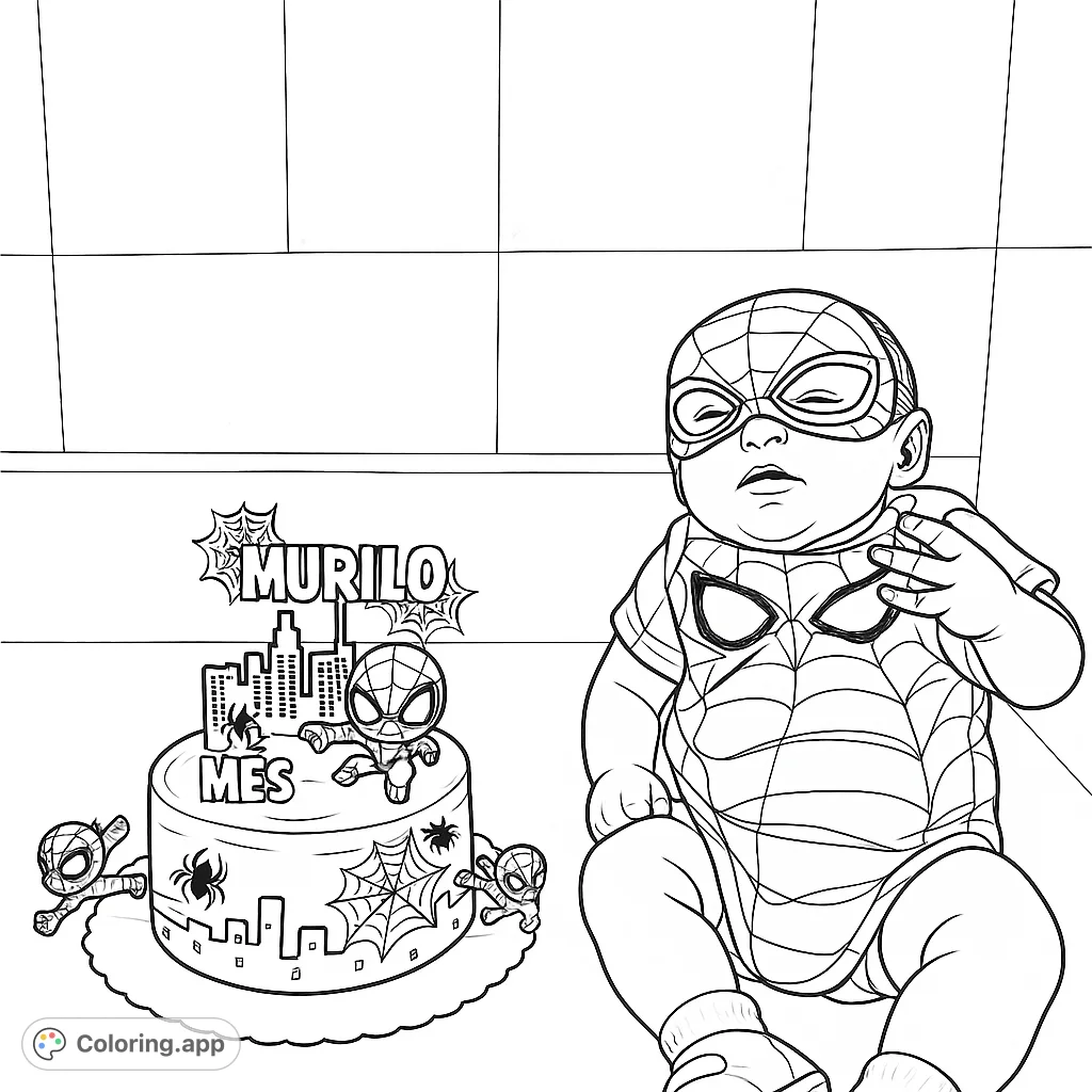 Celebrate with a cute baby in a superhero costume next to a themed cake. Perfect for young fans and birthday fun!