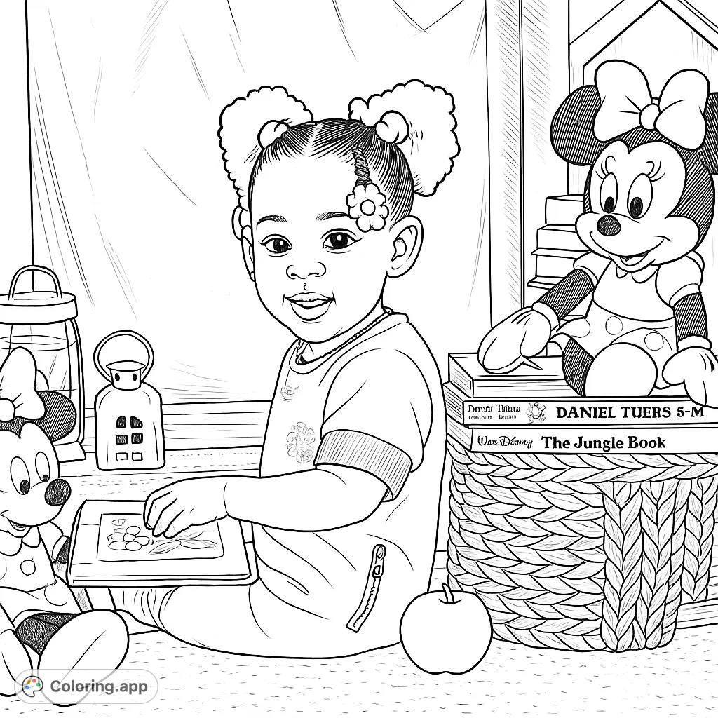 A delightful coloring page featuring a sweet child engrossed in a book, surrounded by playful toys and learning elements. Perfect for young learners.