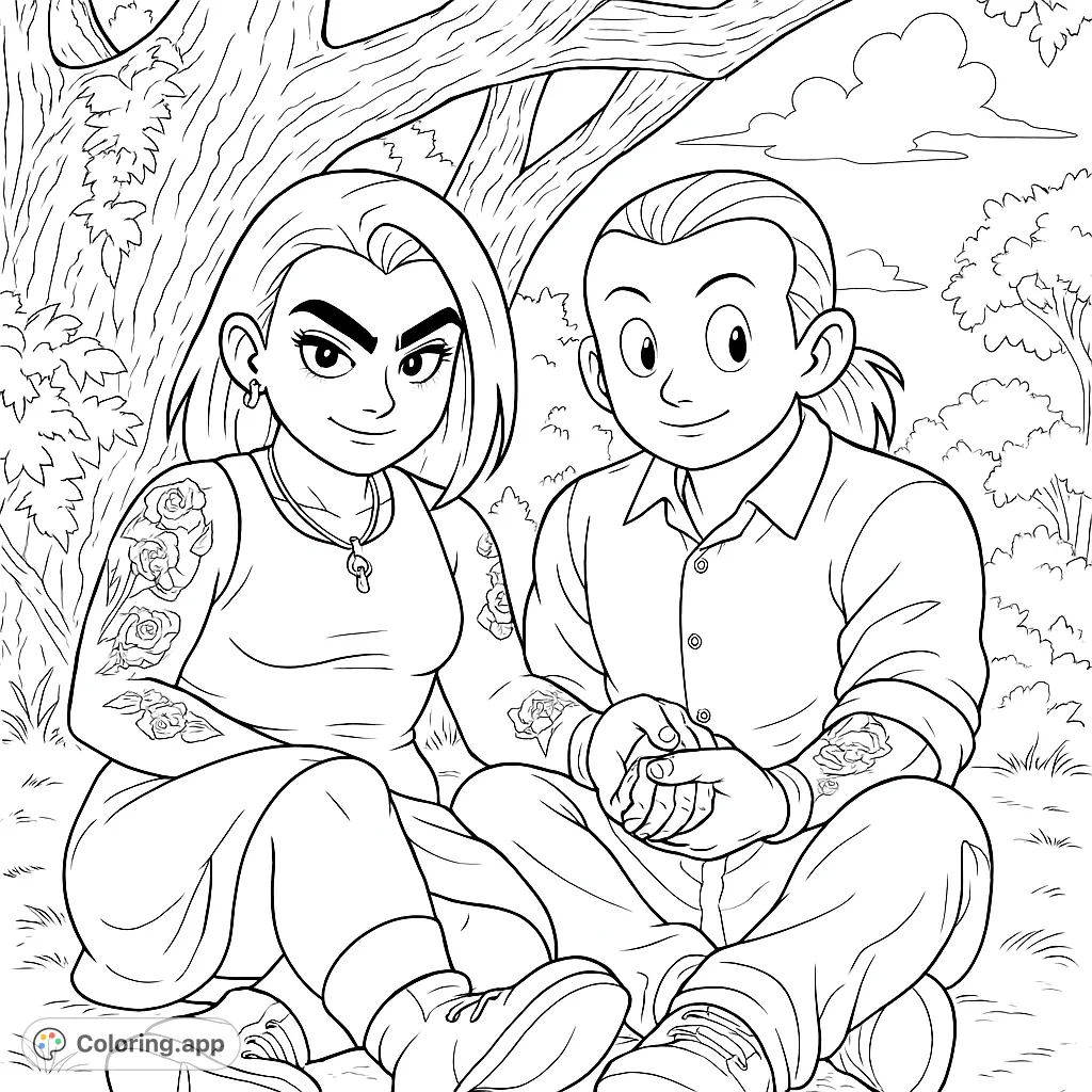 Anime-style couple with intricate tattoos sitting under a large tree, holding hands. A charming scene for creative coloring.