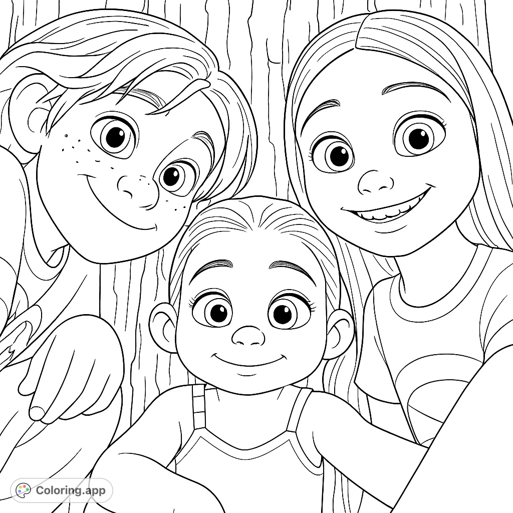 A heartwarming portrait of three smiling children, a boy, a girl, and a toddler, leaning against a textured tree trunk, perfect for family-themed coloring.
