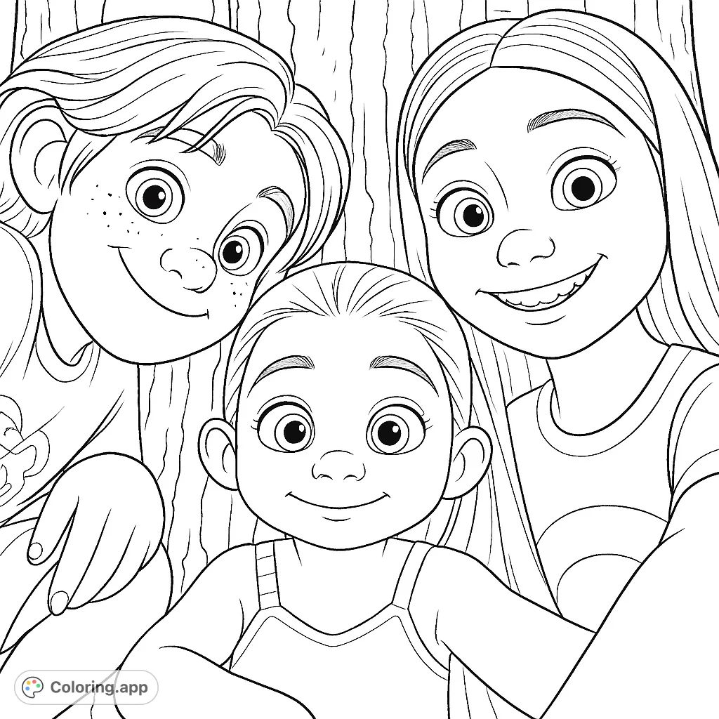 A heartwarming portrait of three smiling children, a boy, a girl, and a toddler, leaning against a textured tree trunk, perfect for family-themed coloring.