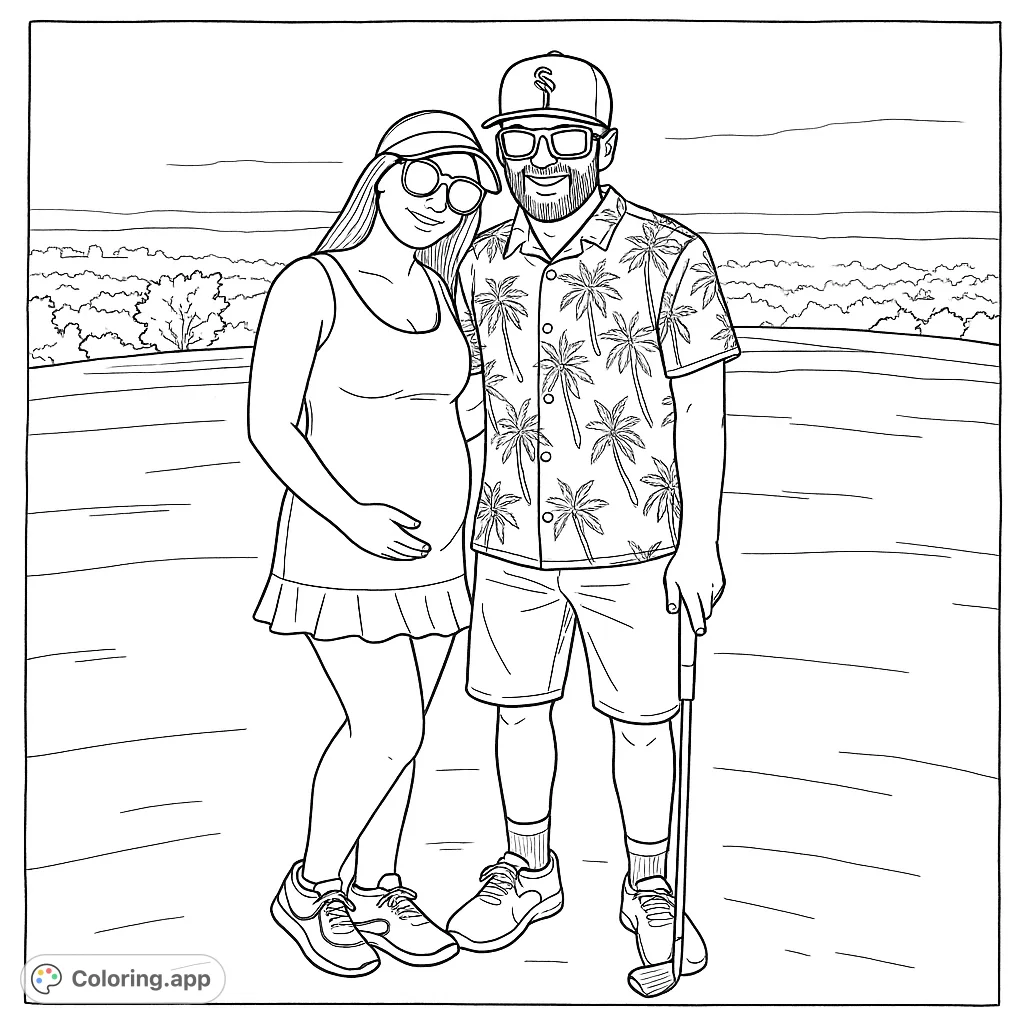 A happy couple on a golf course, with the woman gently holding her belly. Perfect for golf enthusiasts and celebrating new beginnings.
