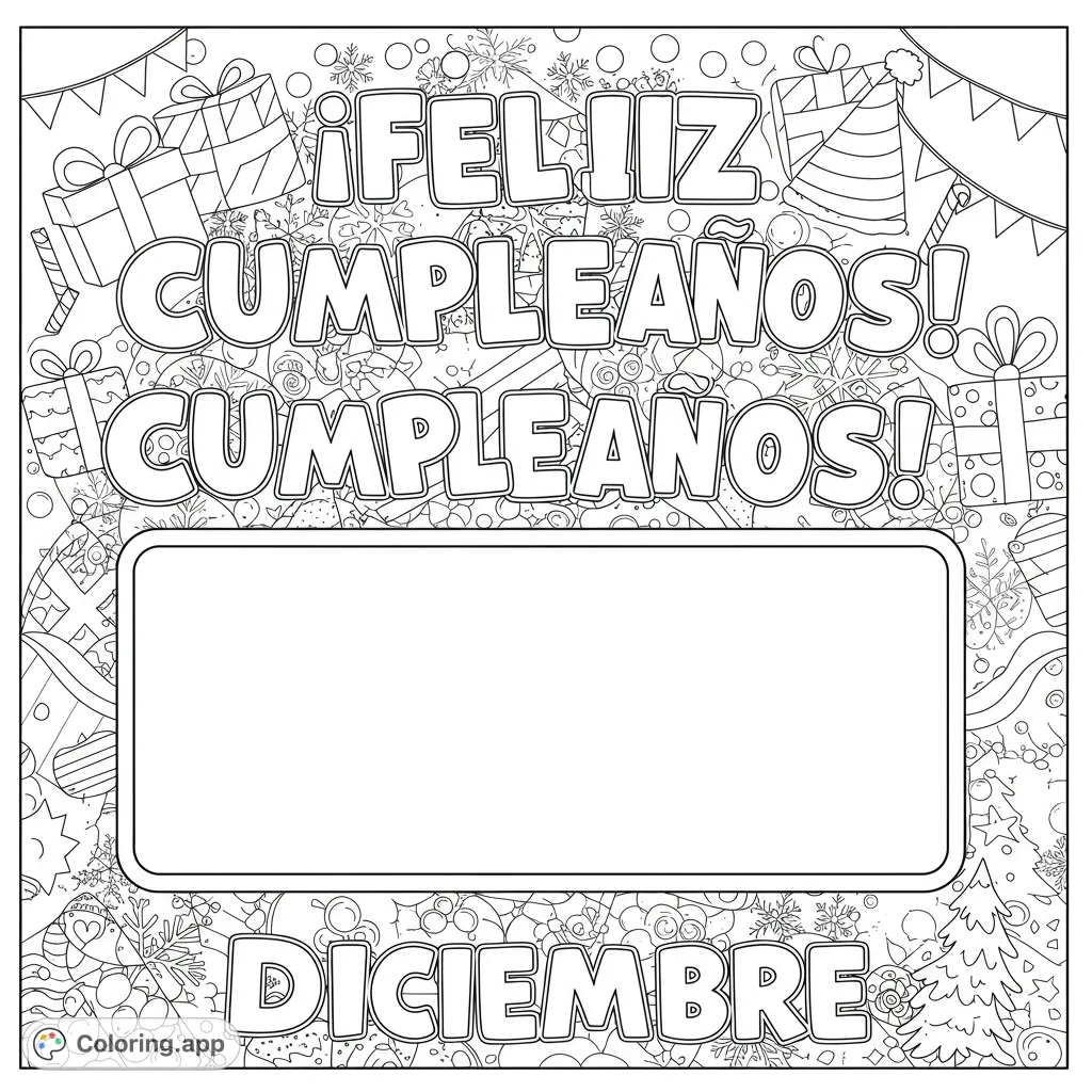 Celebrate a December birthday with this festive coloring page featuring decorative text, gift boxes, snowflakes, and a blank space for a personal drawing.