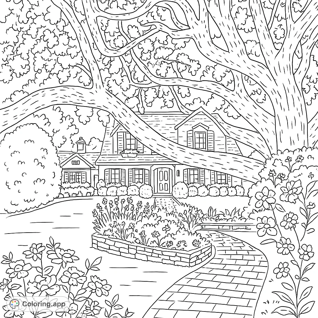 A charming house nestled behind a grand tree, surrounded by lush gardens and a winding brick path. Perfect for a relaxing coloring experience.