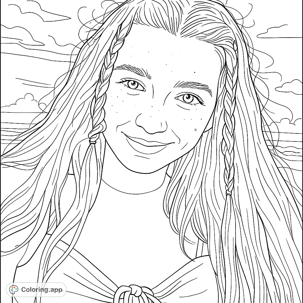A cheerful portrait of a young woman with braided hair at the beach, perfect for a relaxing coloring experience.