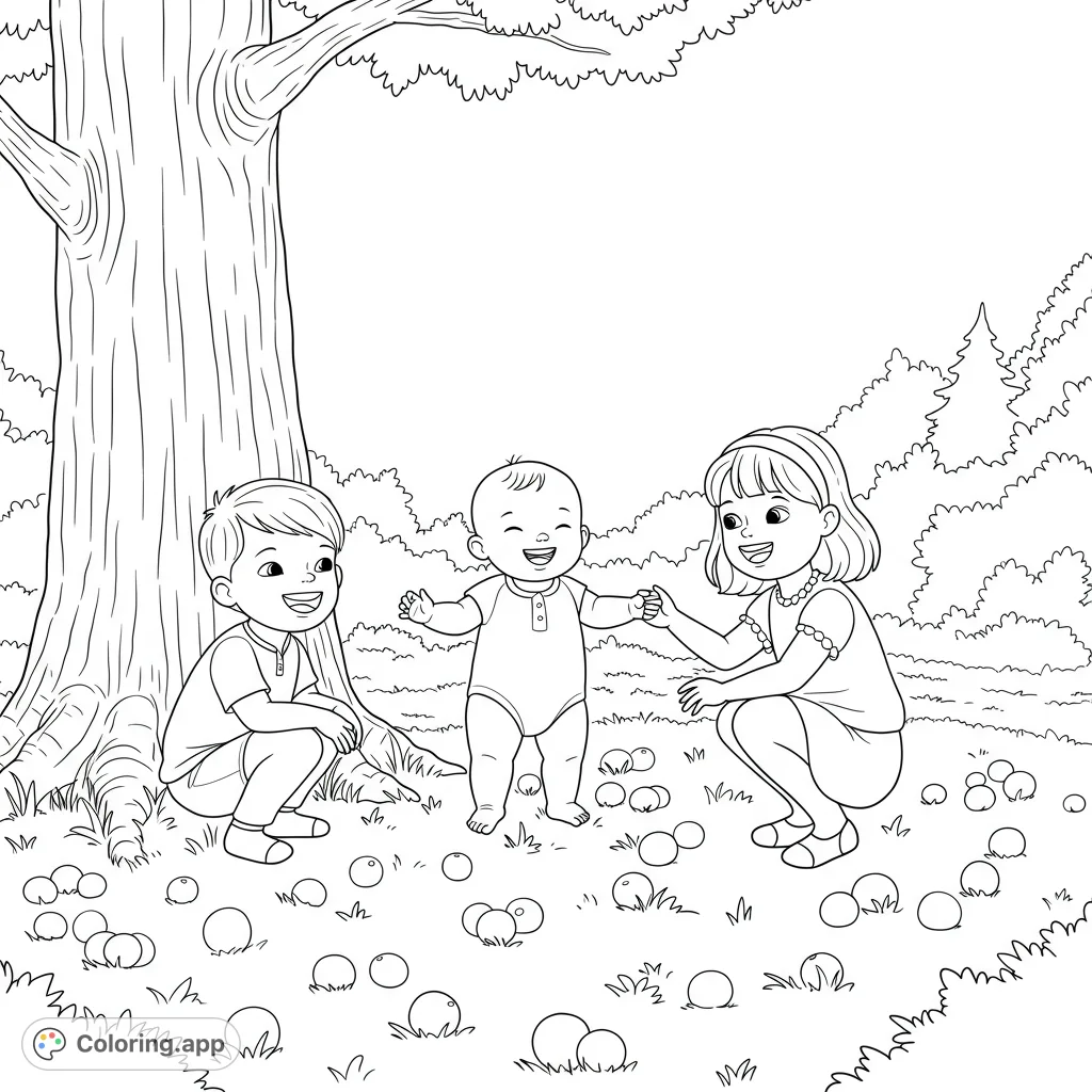 A heartwarming scene of three children playing outdoors, surrounded by a large tree, grass, and scattered fruits under an open sky.