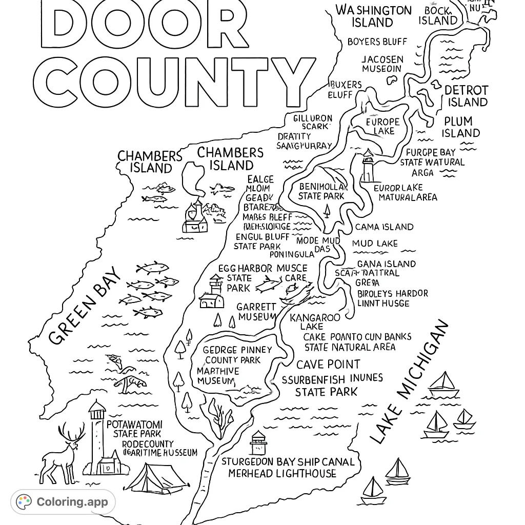 Explore Door County with this detailed map coloring page, featuring lighthouses, wildlife, and scenic landmarks. A fun, free printable activity.