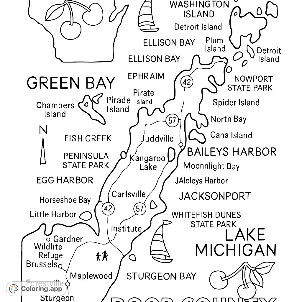 Explore Door County, Wisconsin, with this detailed map coloring page featuring landmarks, towns, bays, and iconic cherries and sailboats.