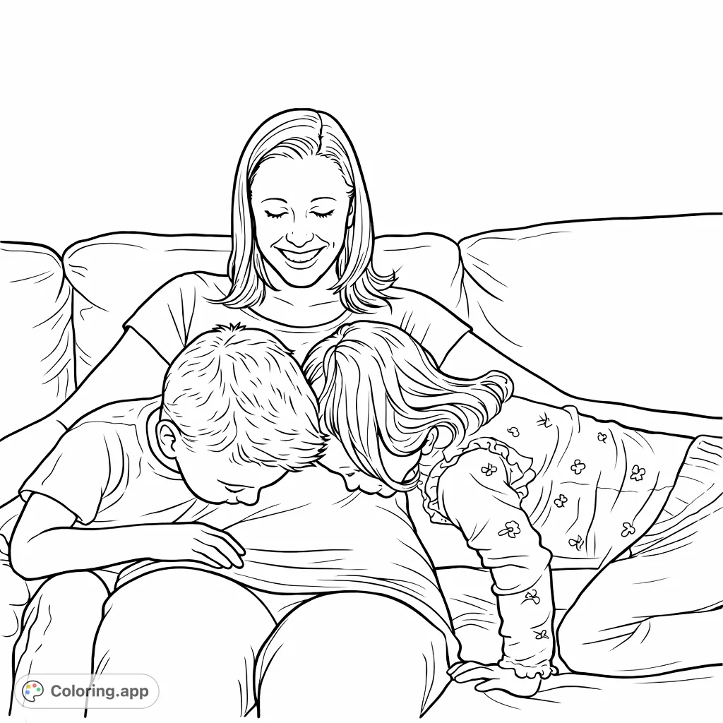 Capture a heartwarming scene of a mother and her children sharing a special moment on the couch. Perfect for family-themed coloring fun!
