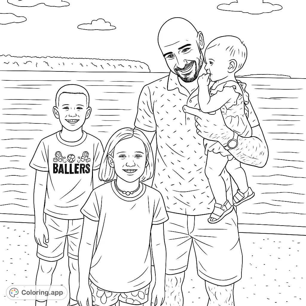 Capture a heartwarming family moment by the water. This free printable coloring page features a father, baby, boy, and girl, perfect for all ages.