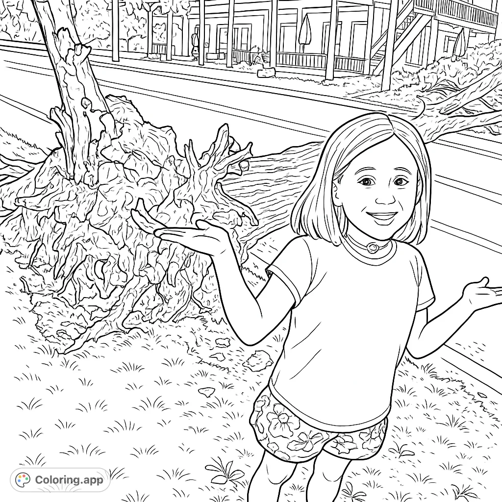 A smiling girl stands beside a massive uprooted tree, its roots exposed, with a building and street in the background. A unique nature and urban scene.