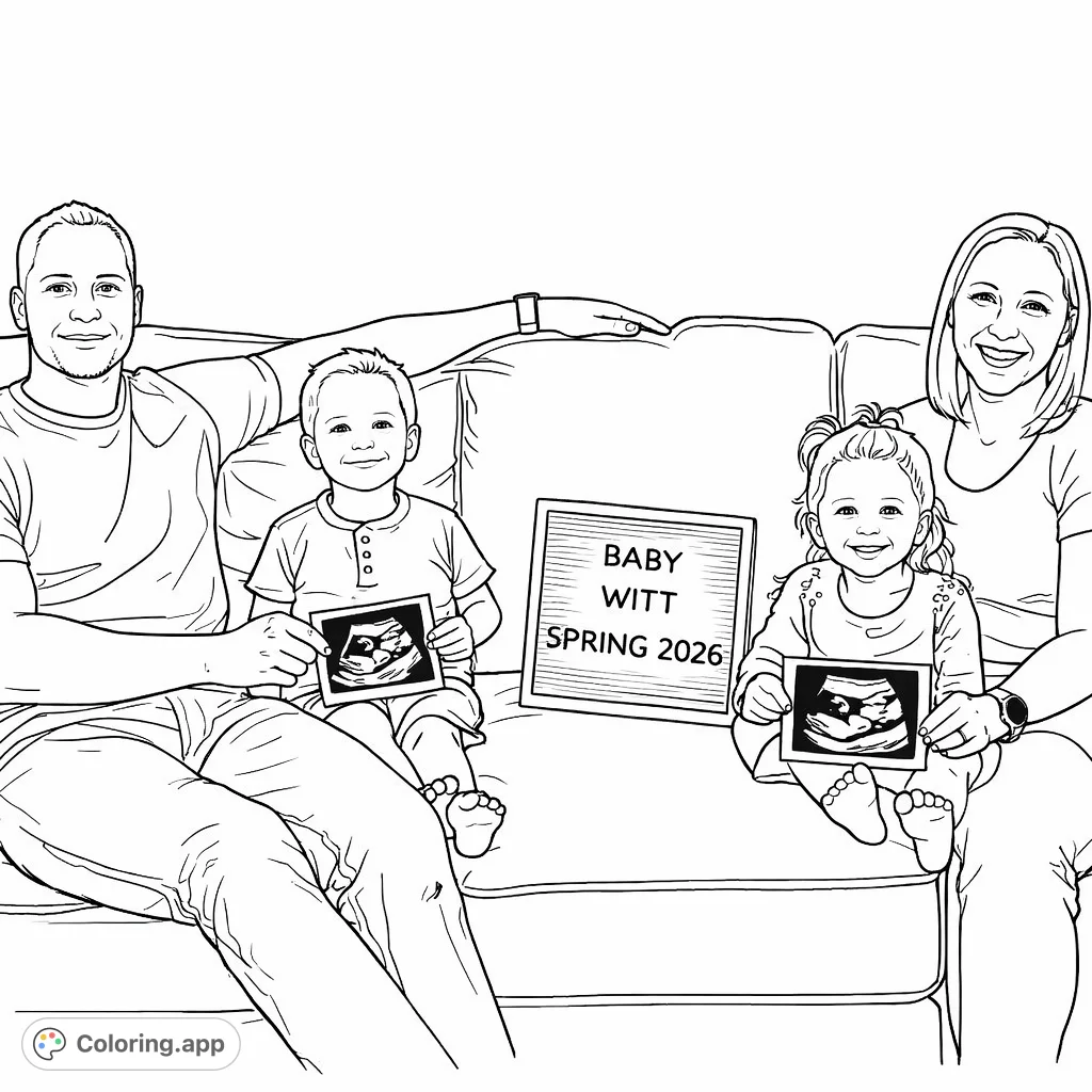 Celebrate a new arrival with this heartwarming family announcement coloring page. Features a smiling family, including parents and two children, sharing exciting news.
