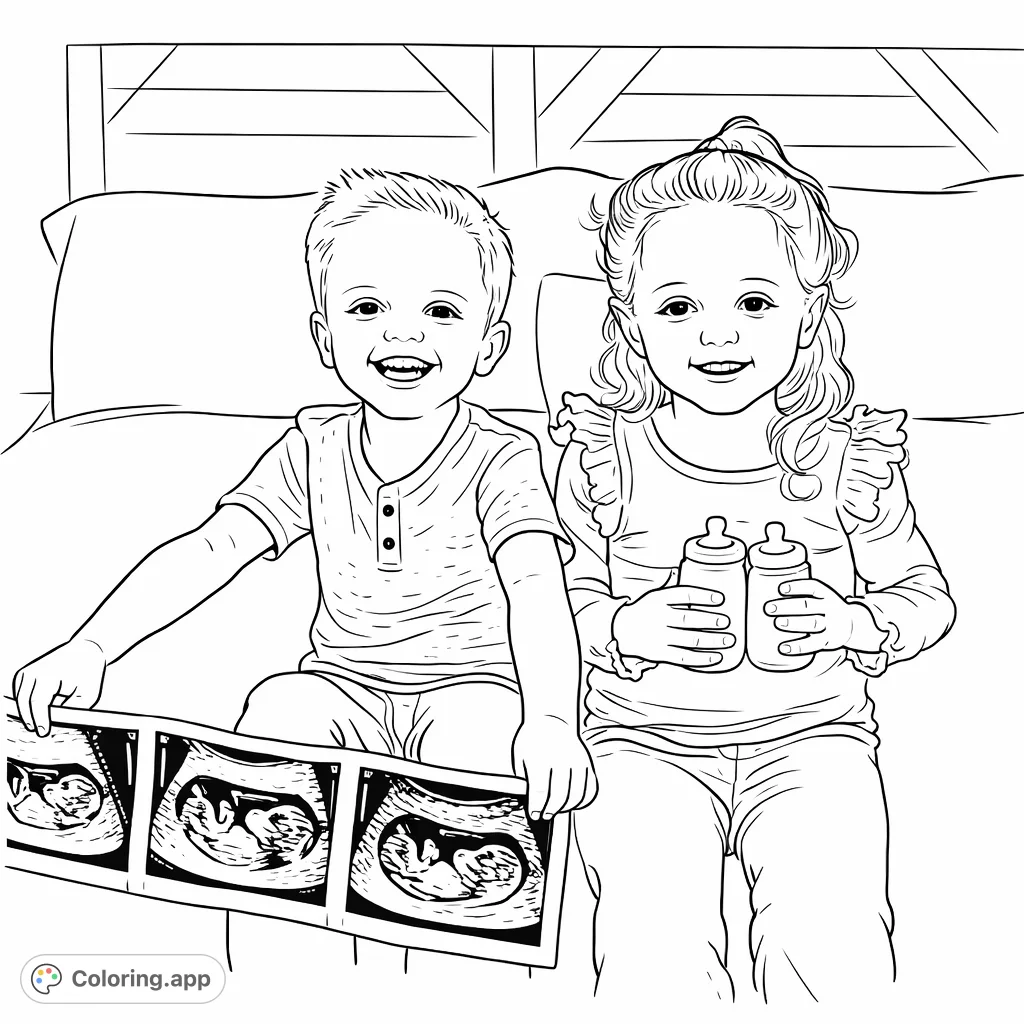 Joyful siblings announce a new baby, holding ultrasound images and tiny shoes. A heartwarming scene to color and celebrate family expansion.