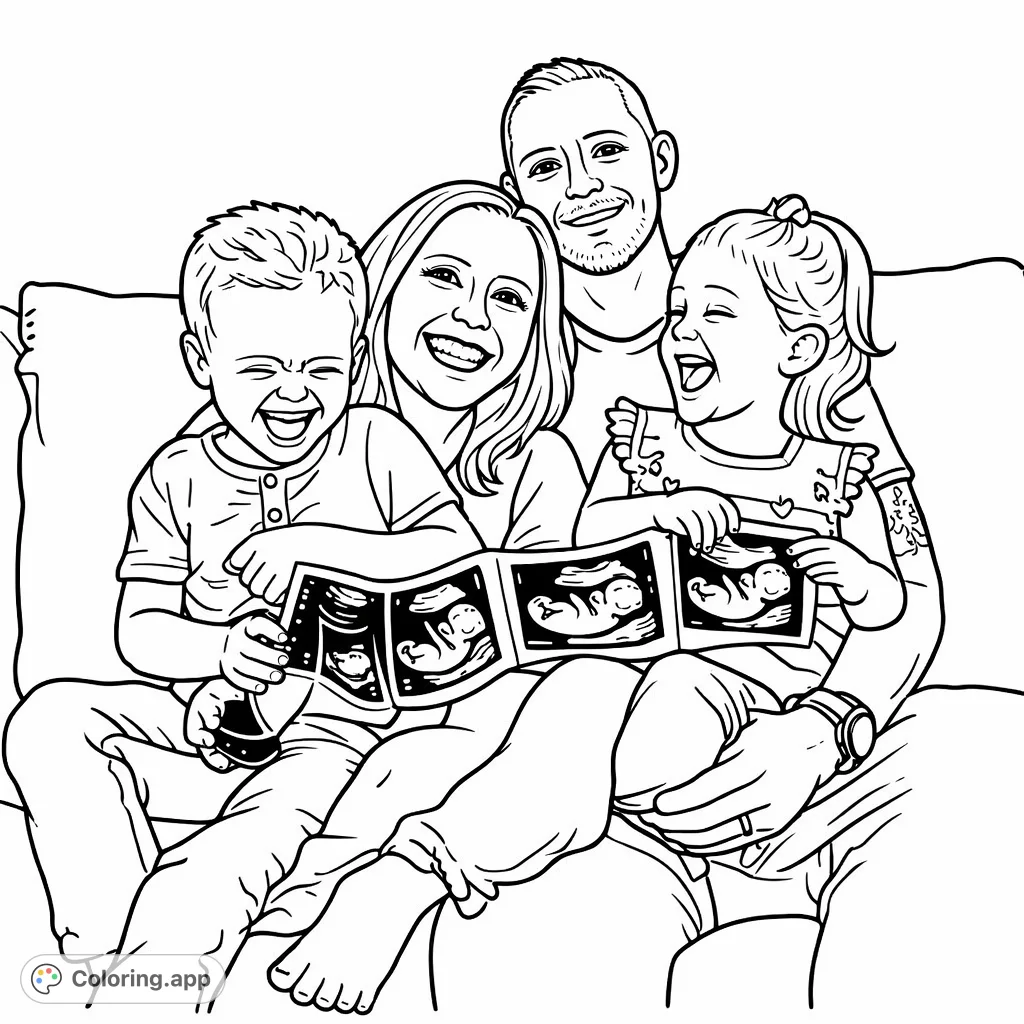 A loving family joyfully reveals their newest addition with ultrasound images. Celebrate new beginnings with this heartwarming family coloring page for all ages.