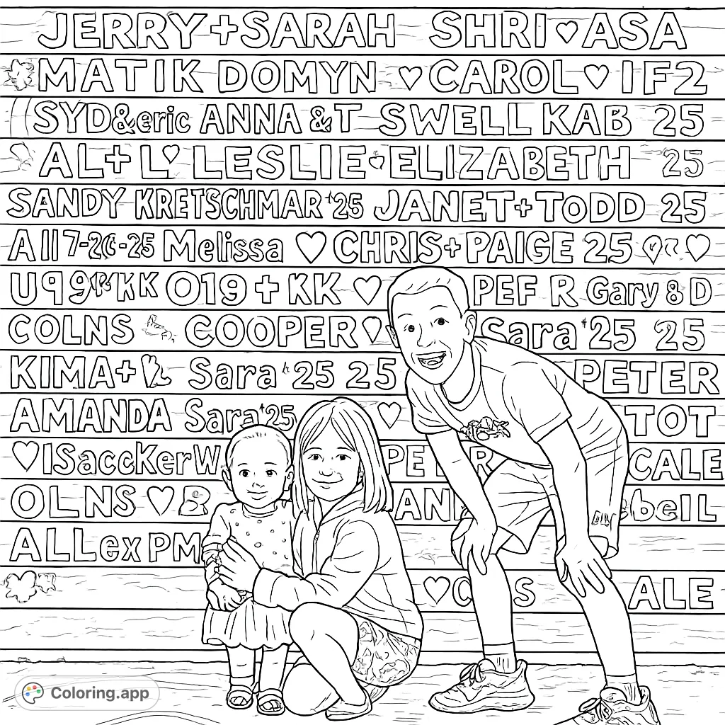 Three cheerful children pose in front of a unique wall covered in names and playful designs, offering a fun and creative coloring experience.