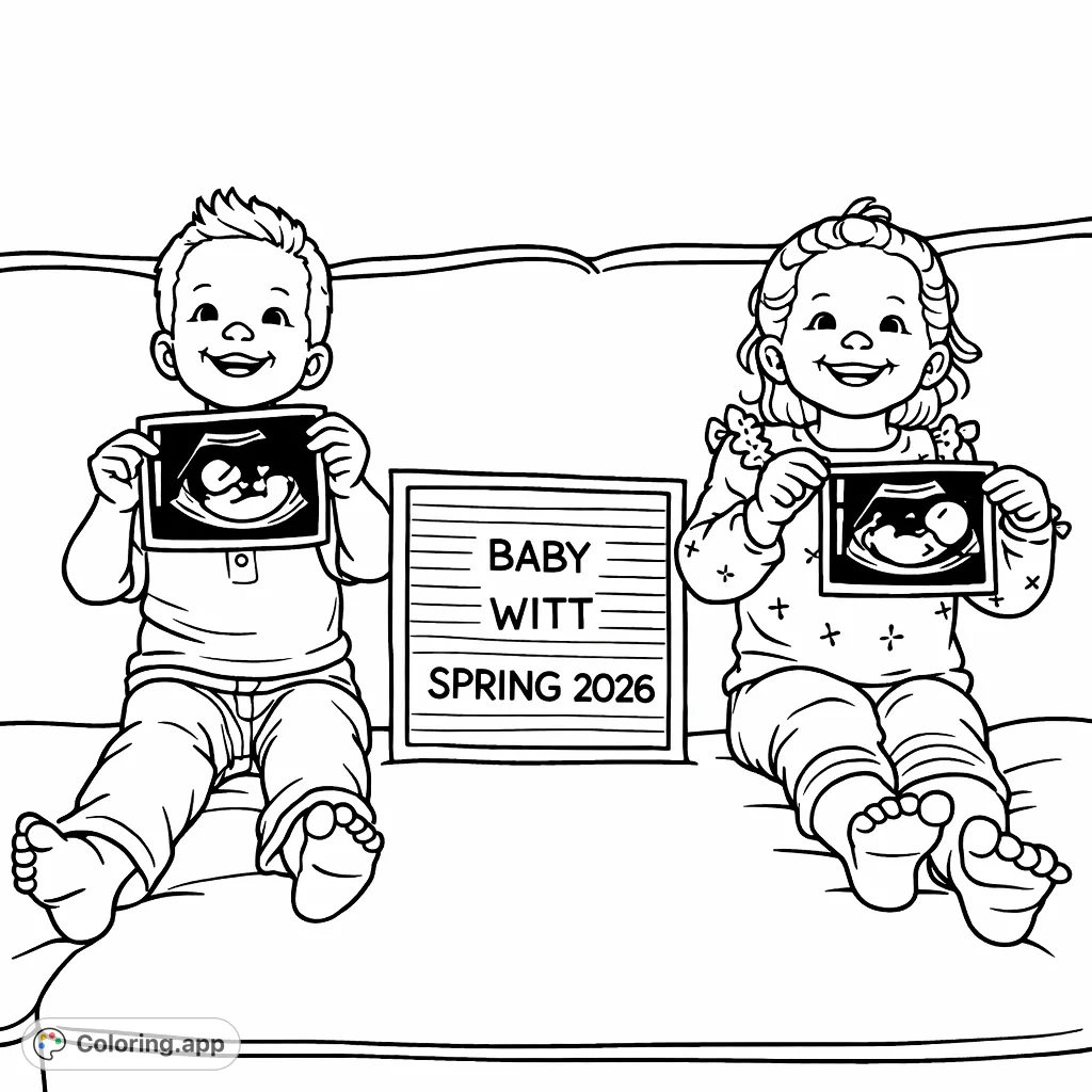 Celebrate a new arrival with this heartwarming baby announcement coloring page featuring happy children and a special message, perfect as a free printable coloring page.