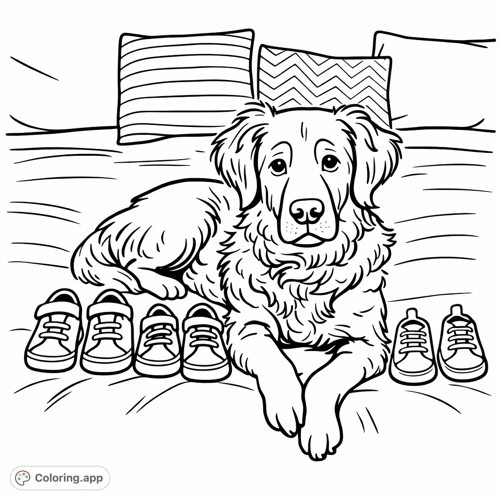 A loyal dog rests on a bed next to three pairs of baby shoes, symbolizing family and new beginnings. A heartwarming pet coloring page for all ages.