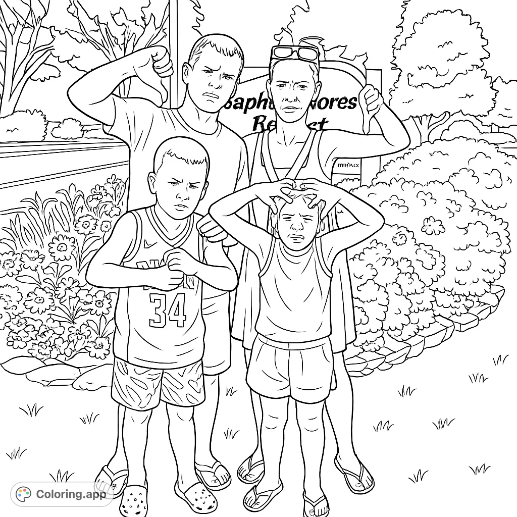 A fun family portrait at a resort, featuring playful poses and a vibrant floral background. Perfect for a memorable coloring experience.
