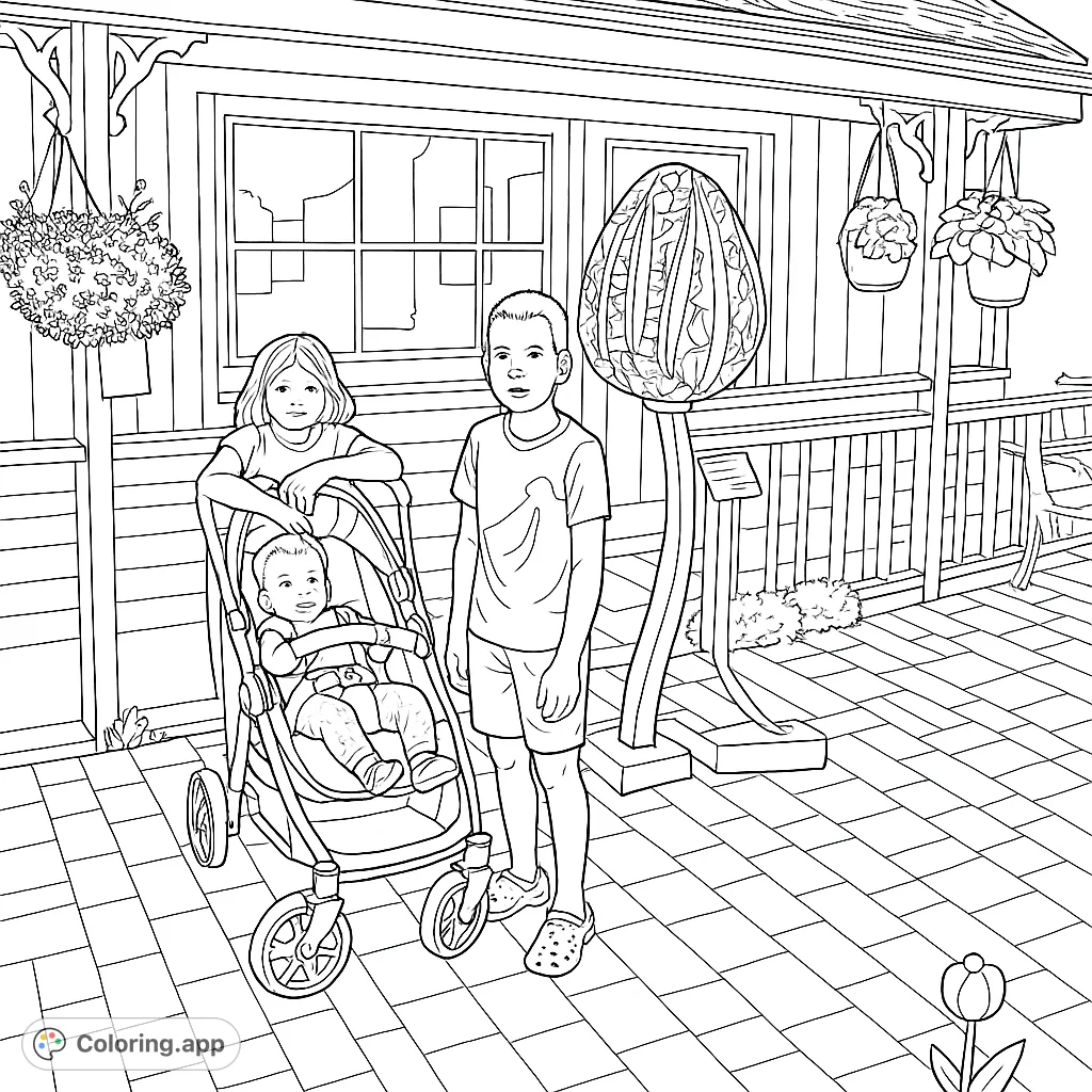 A charming outdoor scene featuring three children, a baby in a stroller, and a unique egg sculpture, set against a detailed building facade.