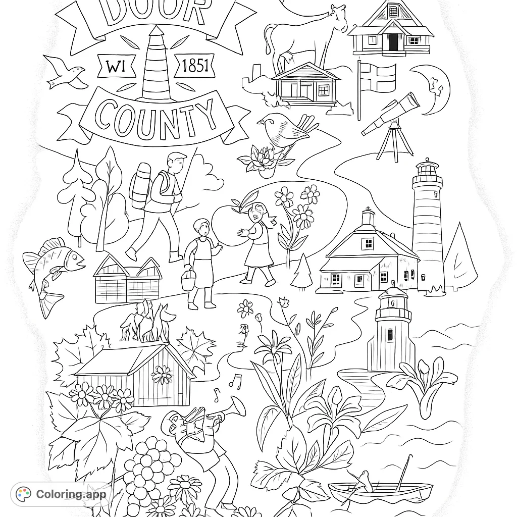 Explore Door County's charm! This whimsical map coloring page features lighthouses, cherry orchards, outdoor adventures, and local delights for all ages.