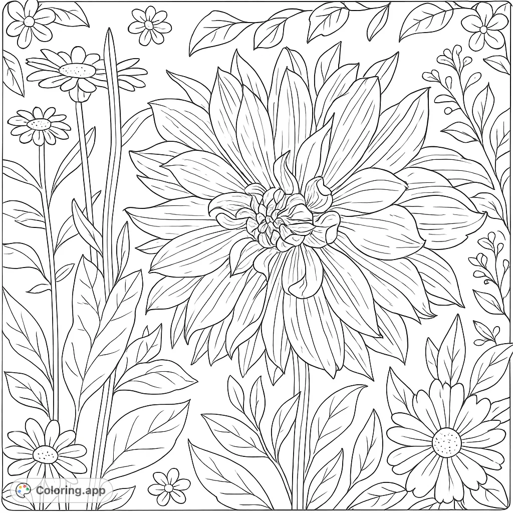 Discover the intricate beauty of a variegated dahlia bloom. This realistic floral coloring page features detailed petals and lush foliage, perfect for nature lovers.