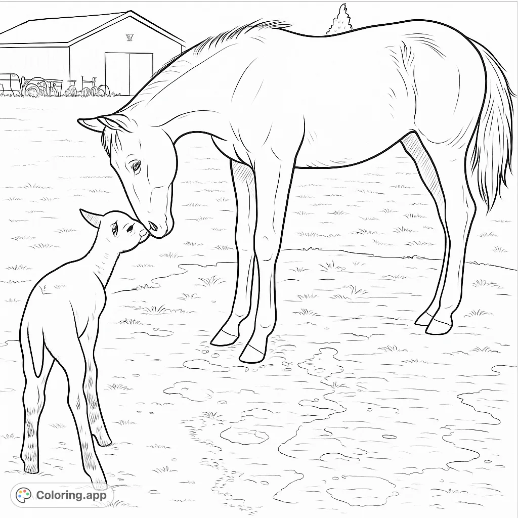 A heartwarming barnyard scene featuring a horse and a lamb sharing a tender moment. Perfect for animal lovers of all ages to color and enjoy.