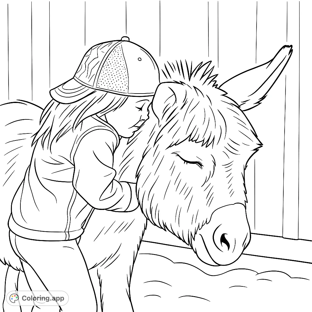A heartwarming scene of a child hugging a gentle donkey. Perfect for a sweet animal friendship coloring page, fostering empathy and creativity.