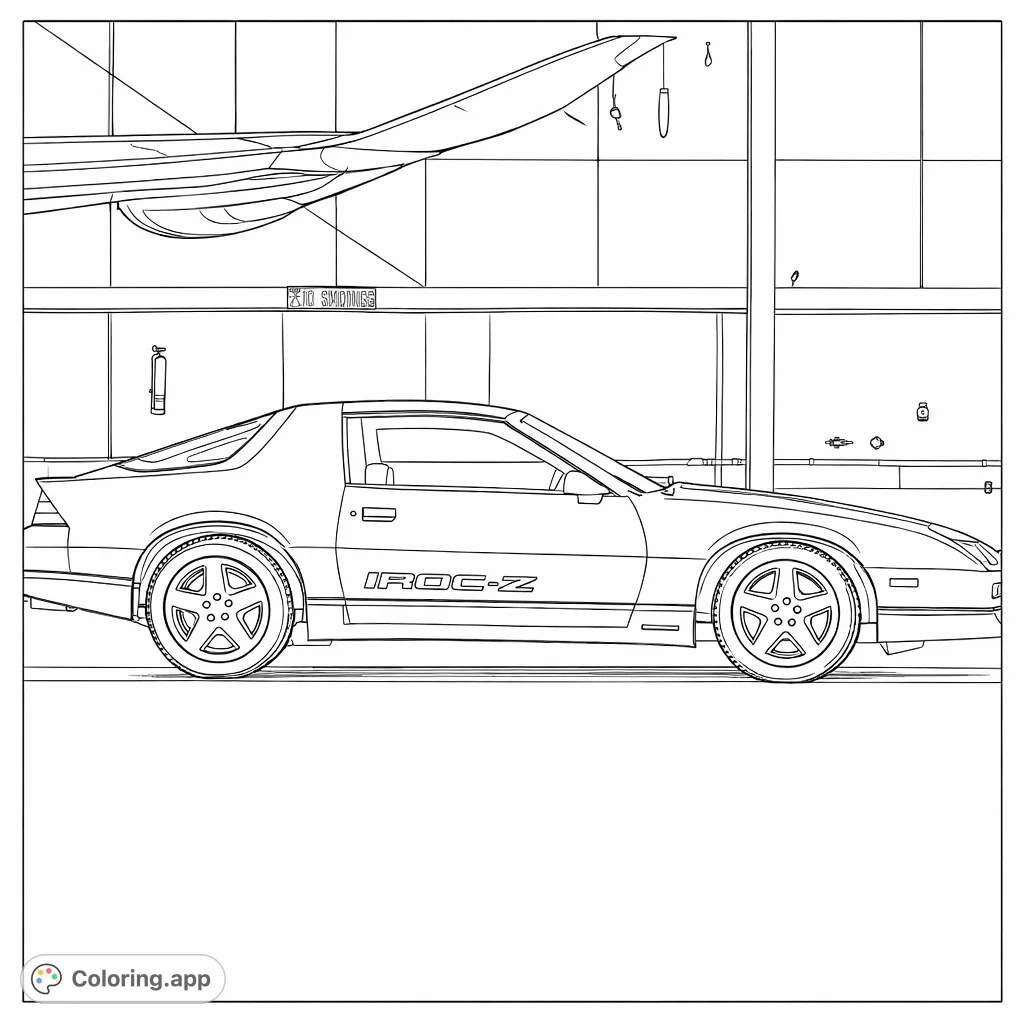 Color a powerful classic sports car, the IROC-Z, parked beneath a striking aircraft wing in a spacious hangar. Perfect for automotive and aviation enthusiasts.