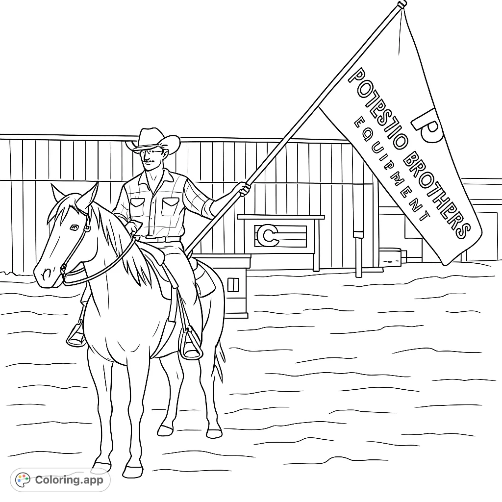 A detailed cowboy and horse scene with a large flag, perfect for Western enthusiasts. Explore textures of the horse, rider's attire, and background elements.