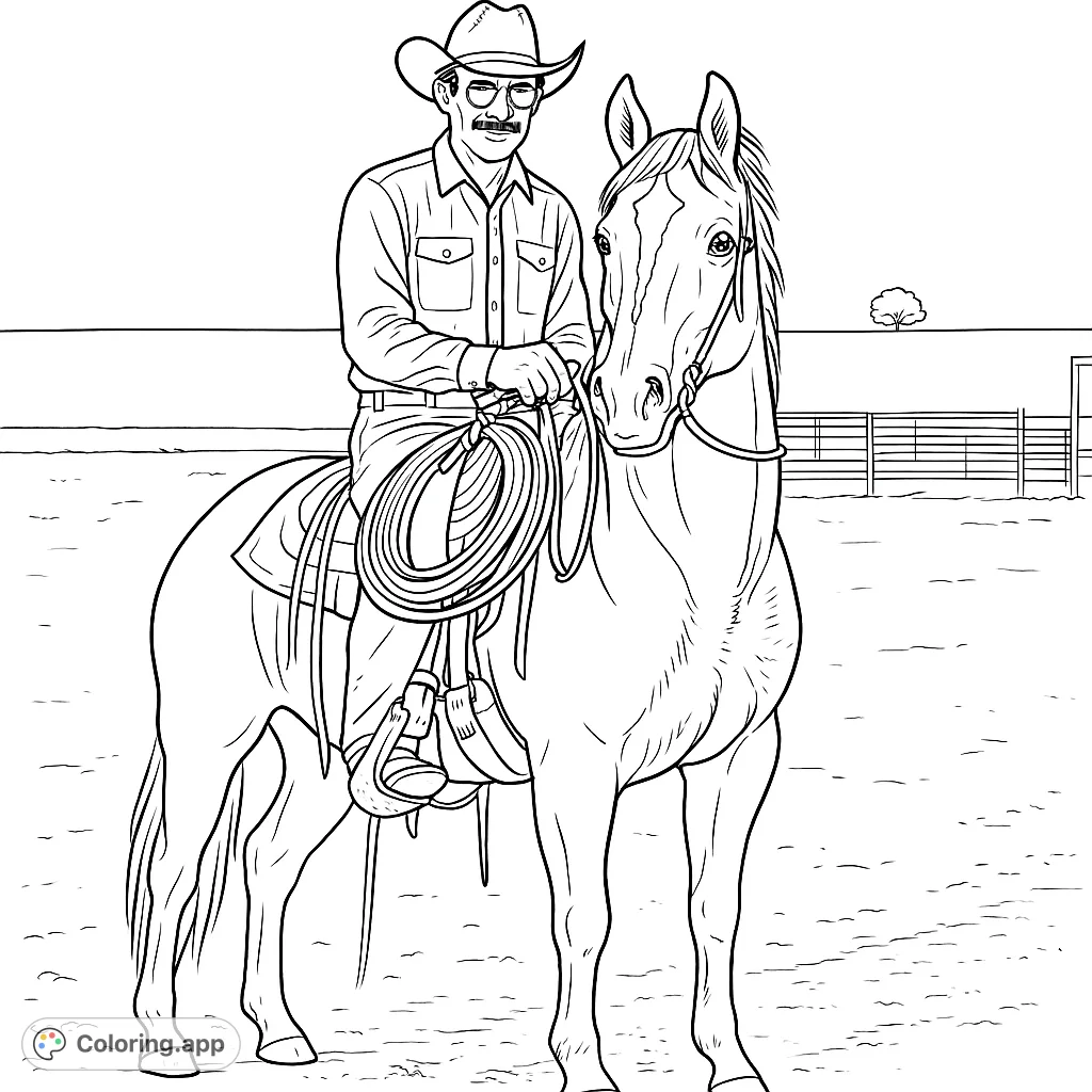 A detailed cowboy and horse scene, perfect for Western enthusiasts. Explore the rugged charm of the frontier with this free printable coloring page.