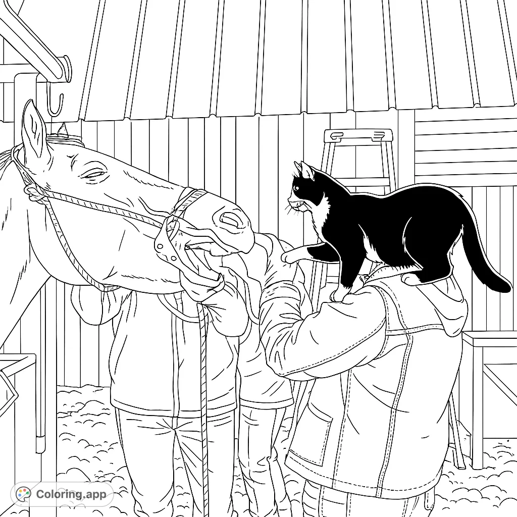 A unique horse dental visit scene featuring a curious cat perched on a person's shoulder, observing the procedure. Engaging and detailed for animal lovers.