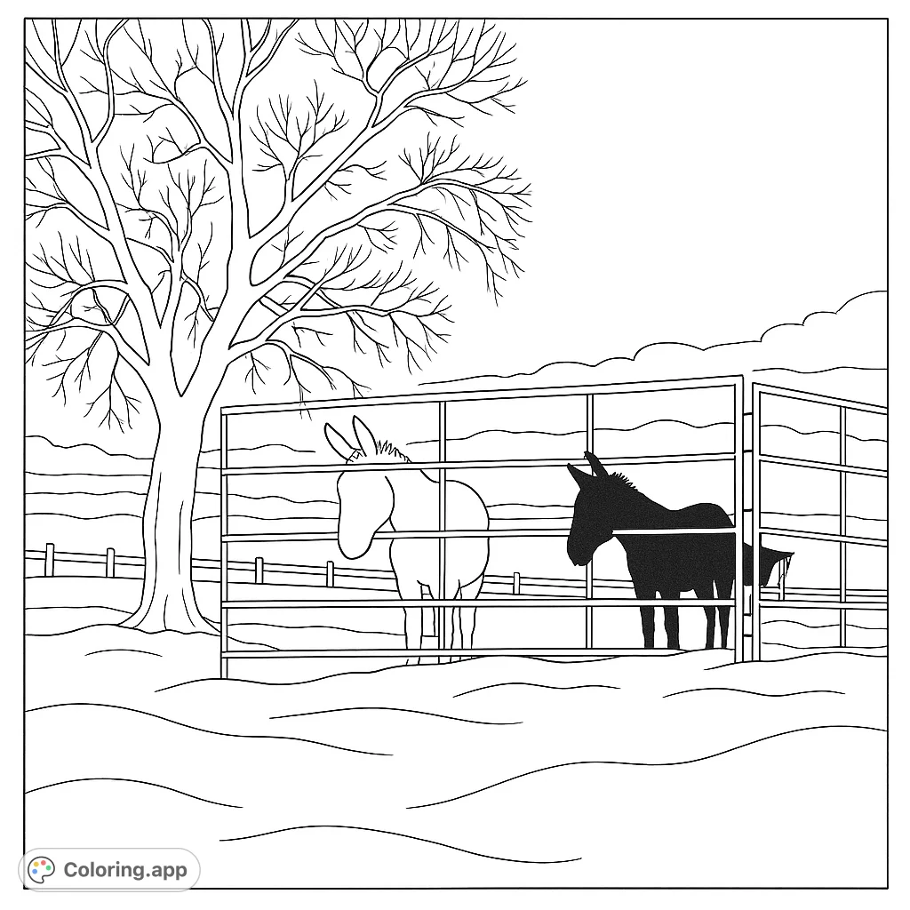 Two equines stand silhouetted against a dramatic sky, framed by a bare tree and fence. A peaceful rural scene for coloring.