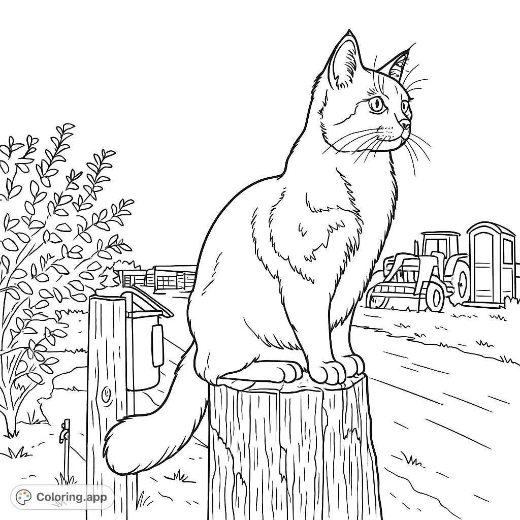 A charming farm cat perched on a wooden post, observing its rural surroundings. Perfect for animal lovers and those who enjoy countryside scenes.