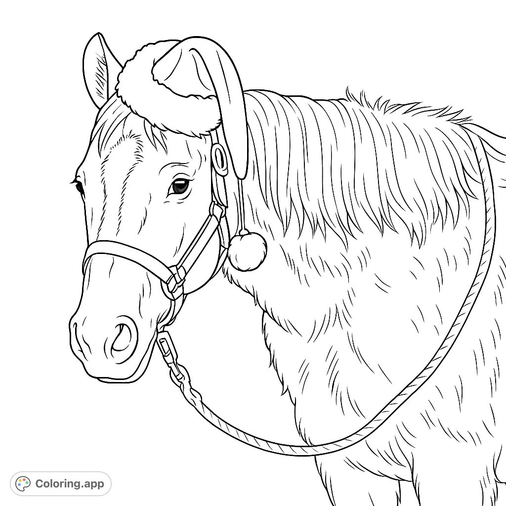 A charming horse adorned with a Santa hat and halter, ready for holiday coloring fun. Perfect for Christmas and animal lovers!