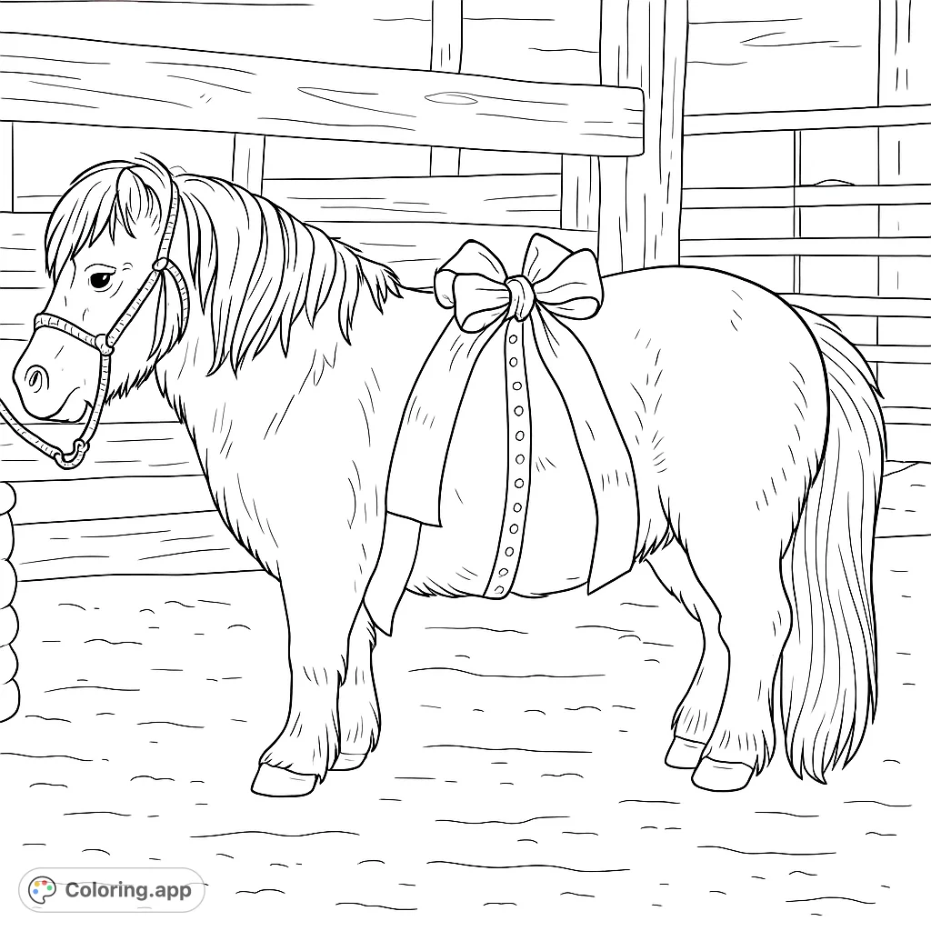 A charming pony adorned with a festive bow, ready for coloring. Perfect for animal lovers and holiday enthusiasts.