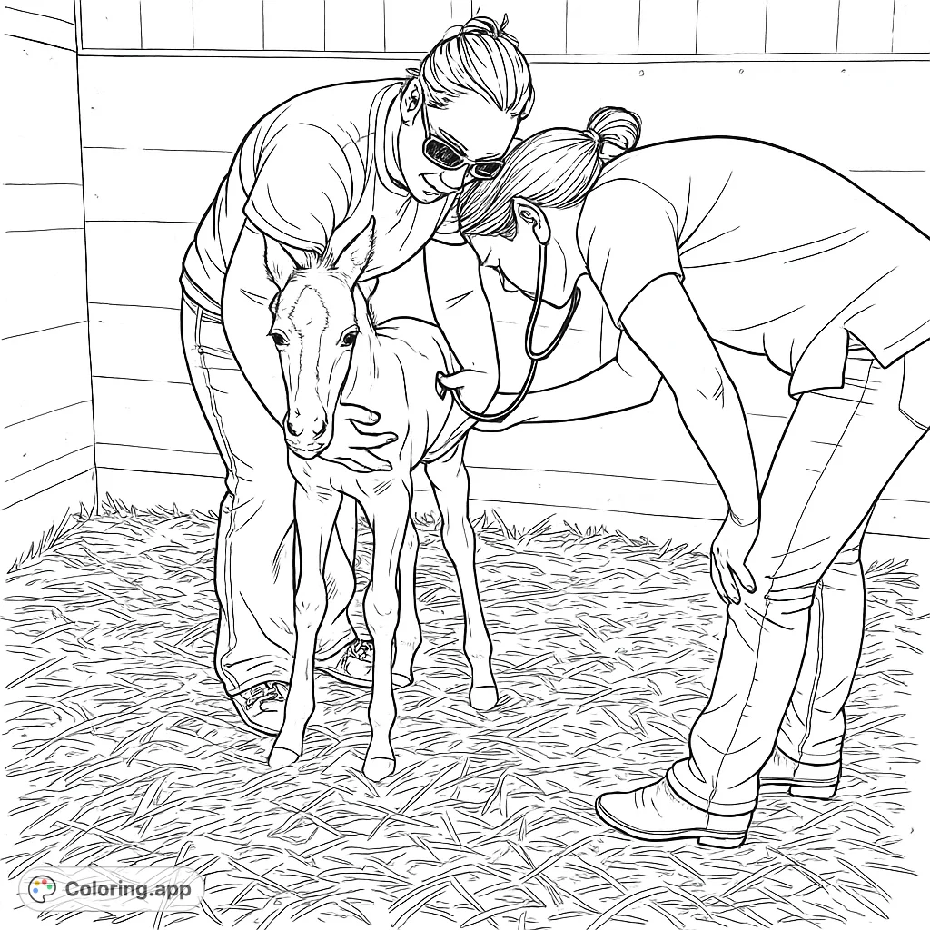 A heartwarming scene of a young foal receiving a vet checkup, surrounded by caring individuals in a cozy stable setting. Perfect for animal lovers.