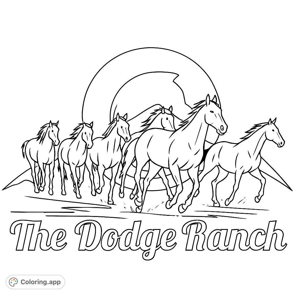 Color a dynamic scene of galloping horses against a stylized background with mountain shapes and ranch text. Perfect for animal lovers!