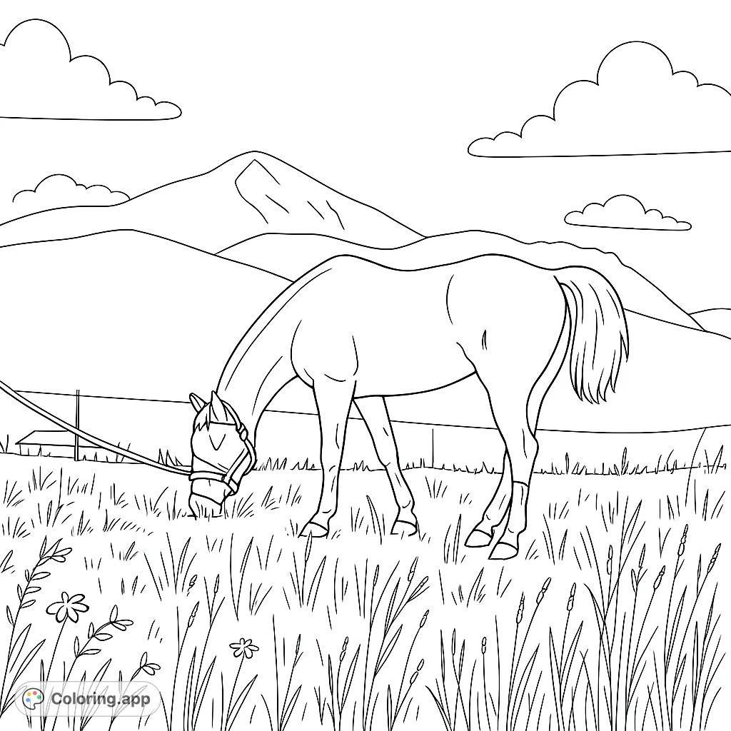 Discover a serene horse grazing in a vast field with majestic mountains in the background. A peaceful nature scene for all ages.