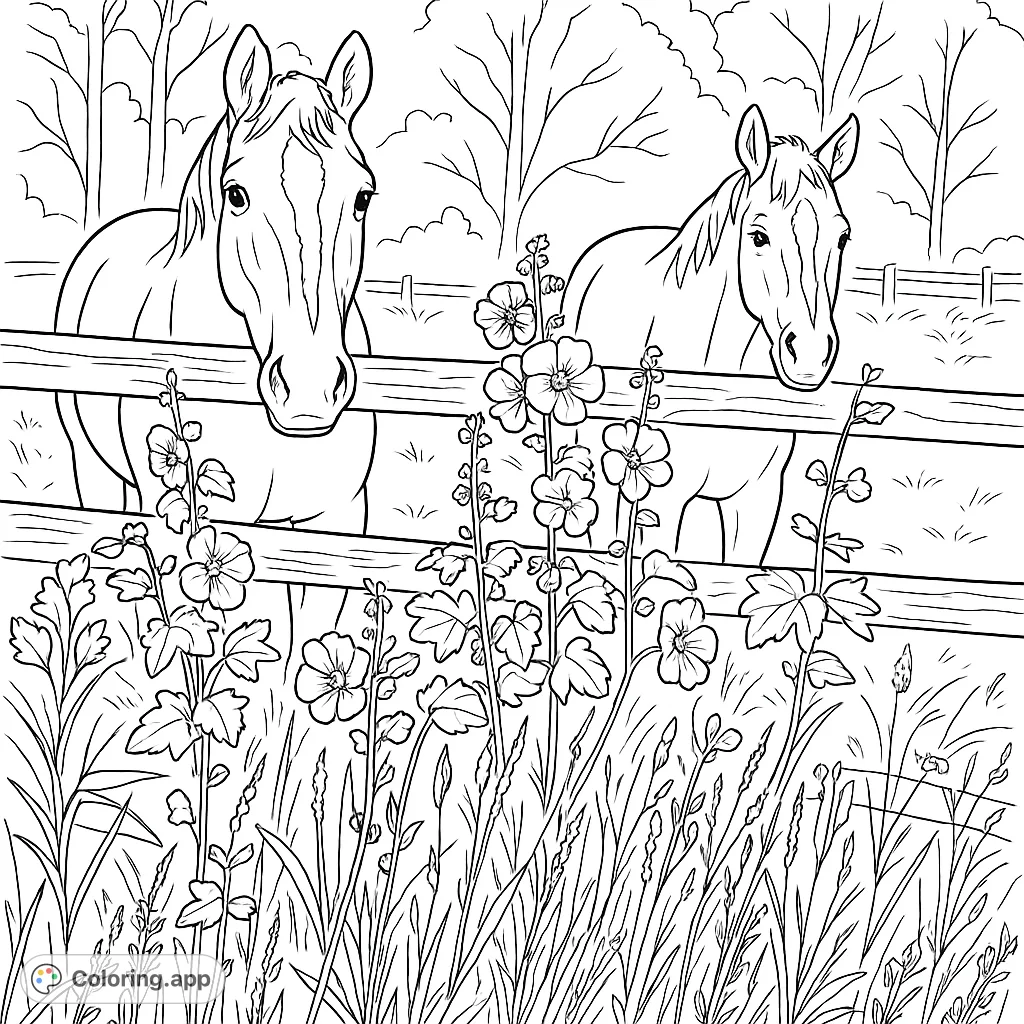 Two majestic horses stand behind a rustic fence, surrounded by vibrant garden flowers and lush foliage. A serene nature scene.