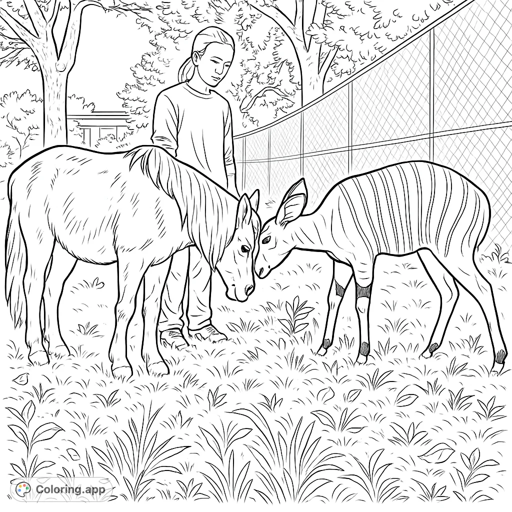 A heartwarming scene of a pony and a young bongo touching noses, with a person nearby, set in a grassy outdoor enclosure.