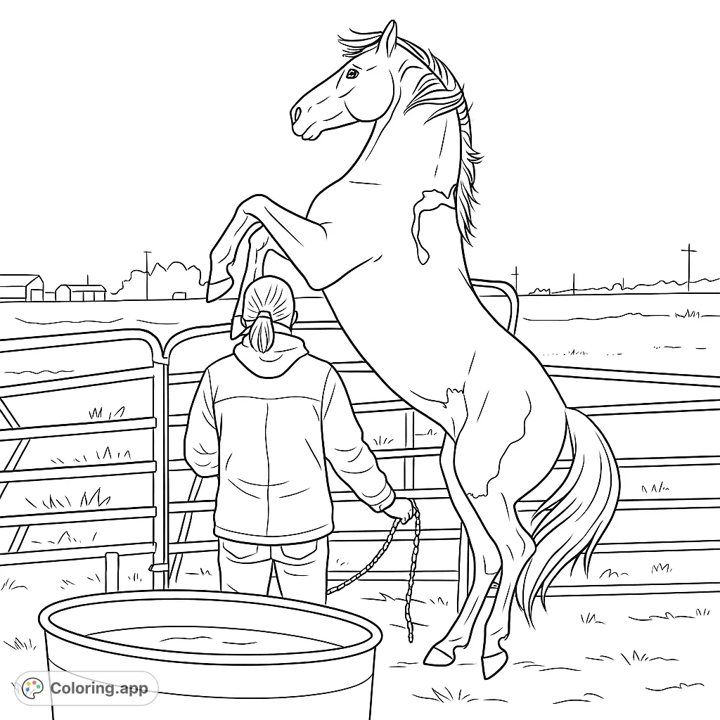 Experience the power of a rearing horse with a person in an outdoor enclosure. A dynamic and engaging animal coloring page for all ages.