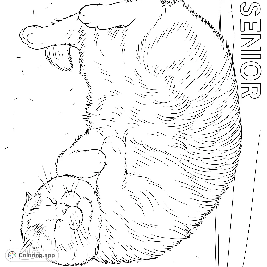 A fluffy cat peacefully sleeping on its back, paws curled, showcasing its soft fur and relaxed pose. A charming cat coloring page.